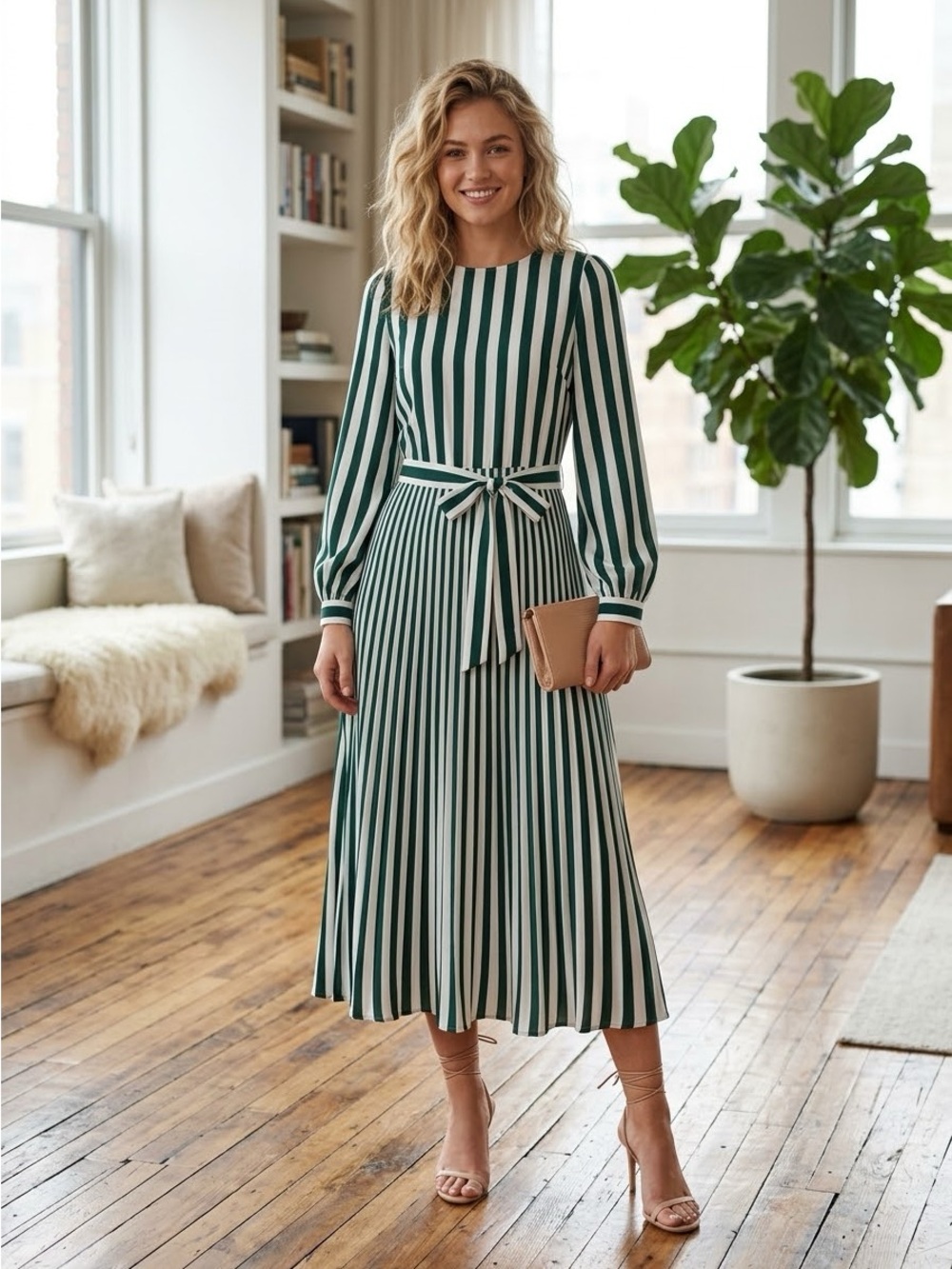 AYR Clean Line Pleated Midi Belted Dress M Green White